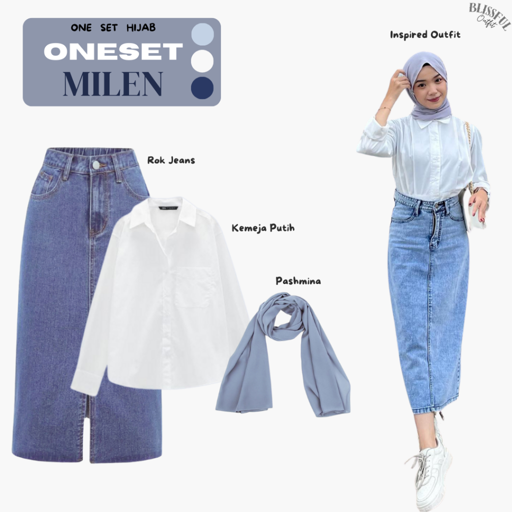 MILEN One Set Outfit Wanita + Kemeja Putih + Rok Jeans + Pashmina Ceruty + OOTD Hijab Simple