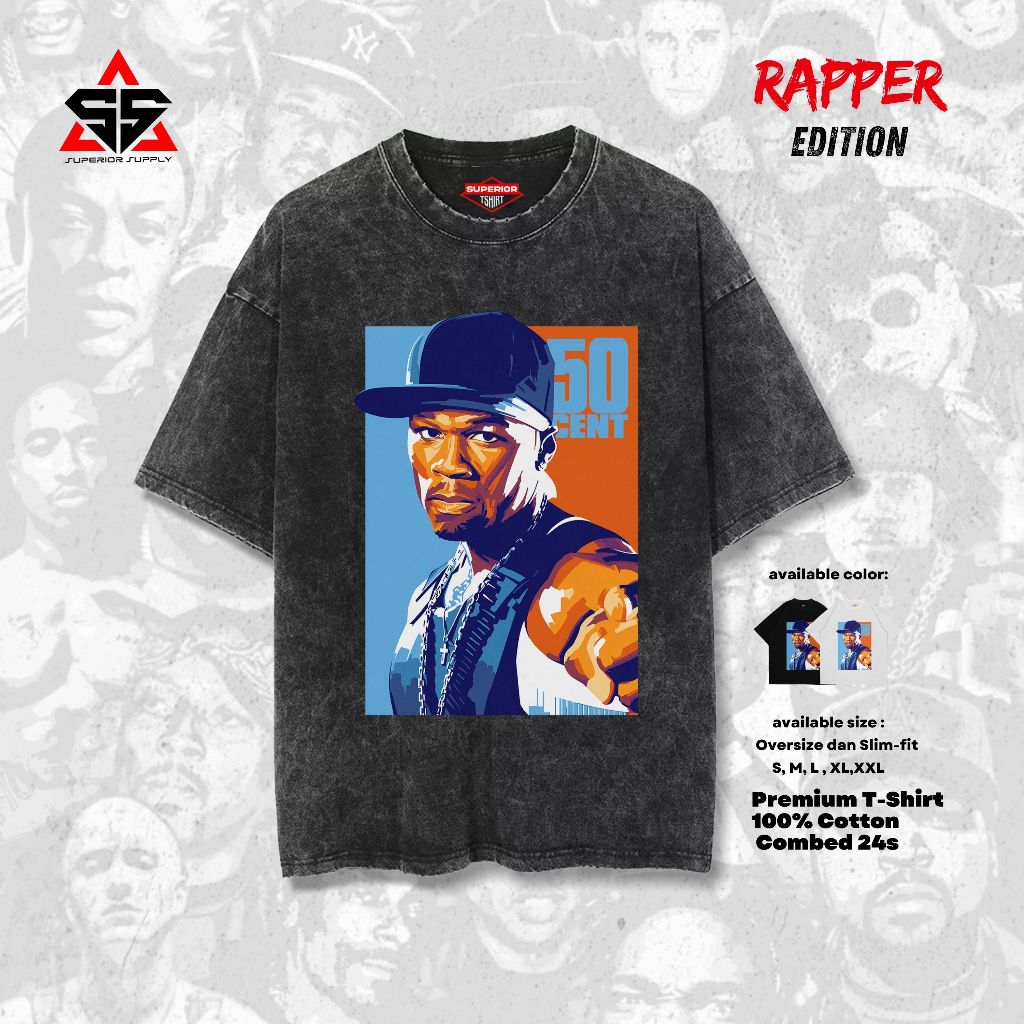 SUPERIOR Kaos Rapper 50 Cent Oversized washed tshirt Oversize slimfit sandwash 50CENT-1