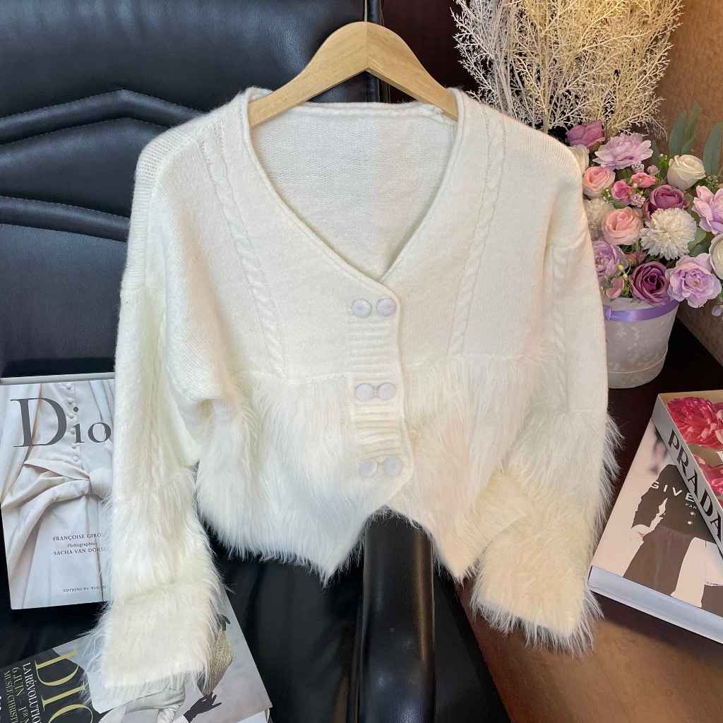 Valen Cardigan Bulu Leher V Wanita Premium Outer Rajut Korea