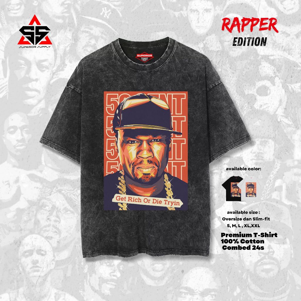 SUPERIOR Kaos Rapper 50 Cent Oversized washed tshirt Oversize slimfit sandwash 50CENT-5