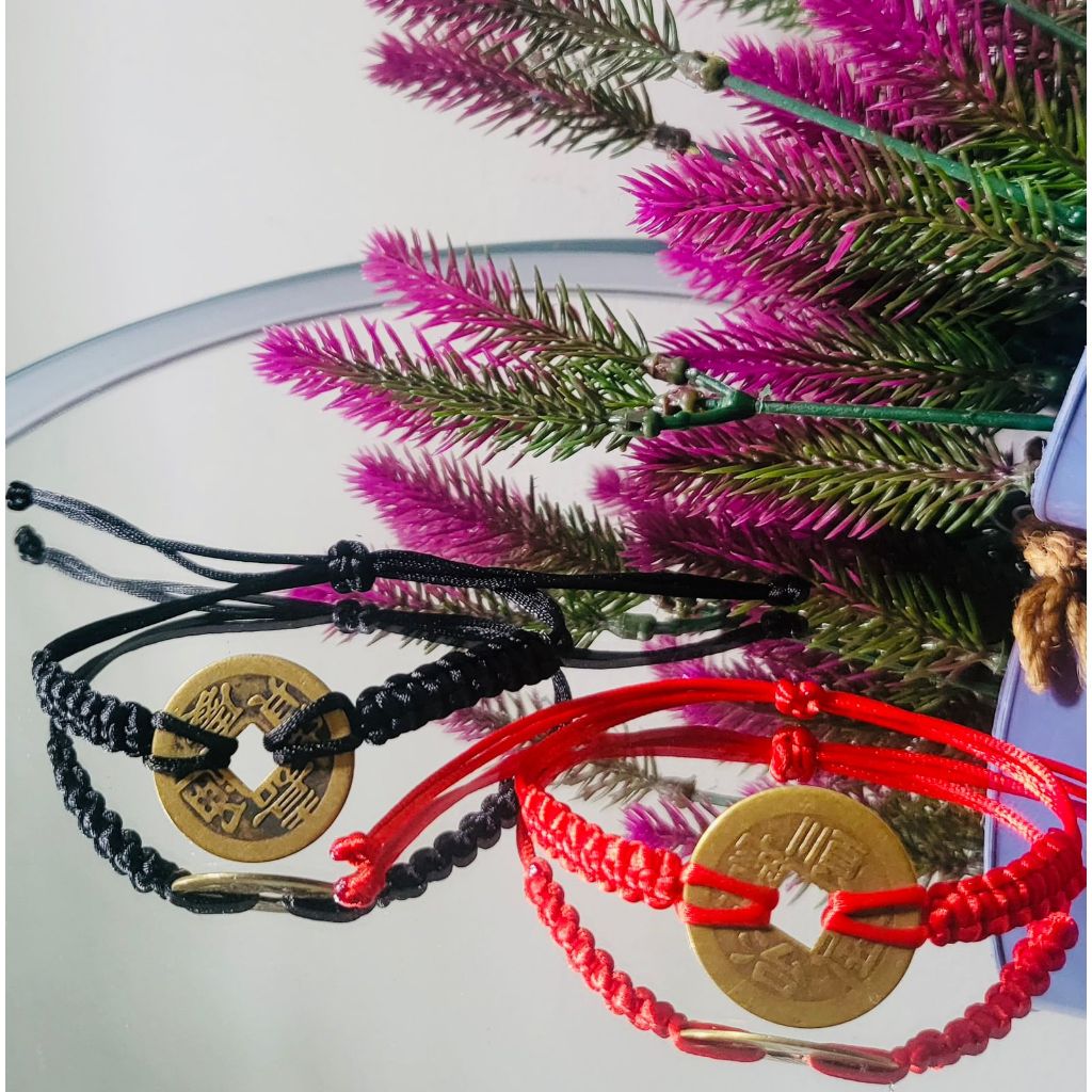Gelang Feng Shui Pis Bolong Handmade Dengan Tali Satin Merah, Hitam Dan Koin Cina