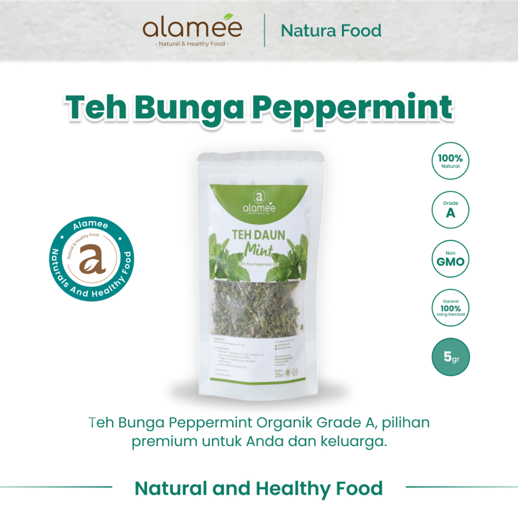 

alamee teh bunga papermint dengan aroma segar dan rasa mint yang khas dalam setiap cangkir 5 gram