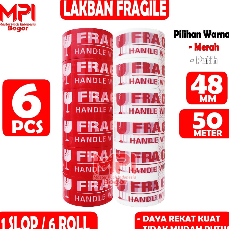 

HJ6 1 SLOP 6 PCS Lakban Fragile Merah Fragile Putih 48 mm x 5 yard Jangan Di Banting MPI