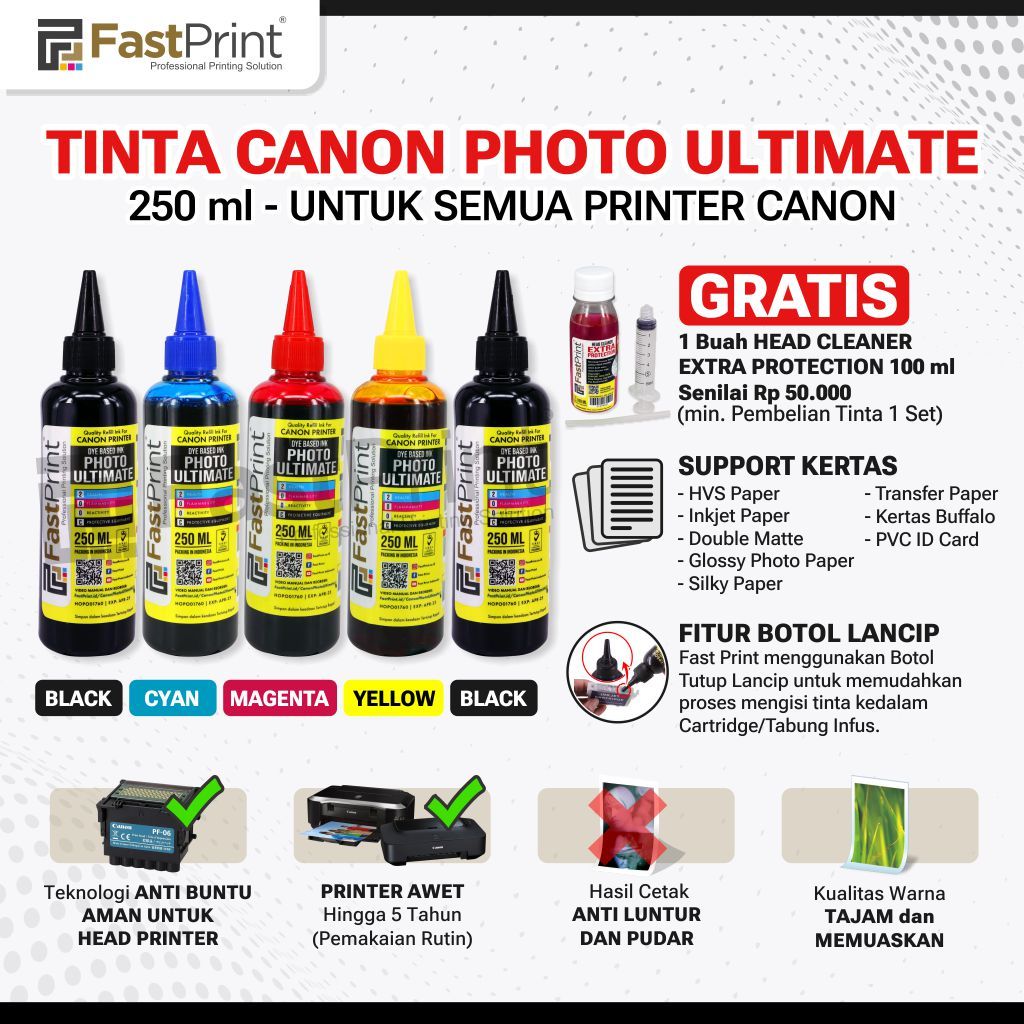 Tinta Photo Ultimate 250ML Printer Canon 1 Set 5 Warna