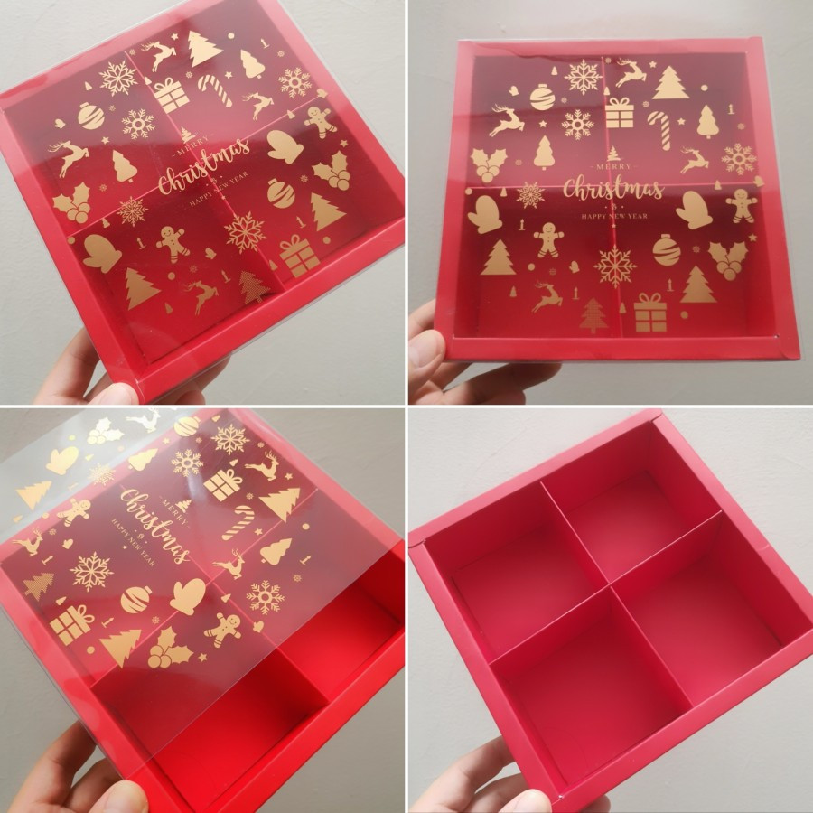 

1 Pack Isi 5 Pcs Dus Parcel Natal Mika Sekat 4 Merah Box Motif Christmas Ukuran 8.5x8.5x5 Cm