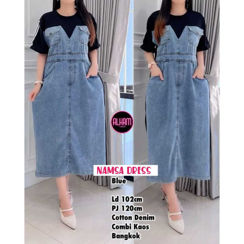 Namsa Tunik Alham Dress Gamis Wanita LD 110 - 130 Jeans Denim Harian Tebal Adem Korean Style