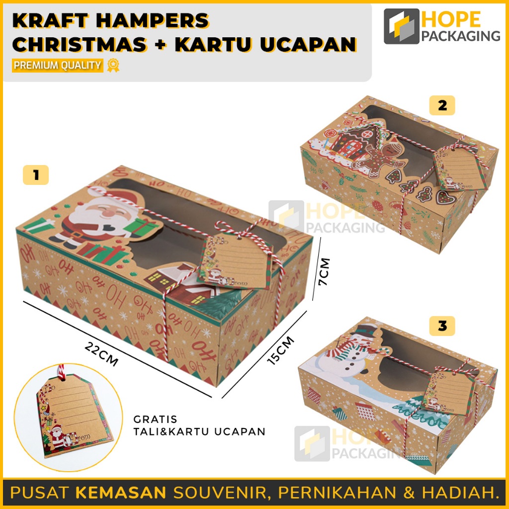 

Kraft Hampers Box Christmas + Kartu Ucapan / Box Natal Cookies / Kraft Paper Kue Kering Christmas / Kotak Kue Natal