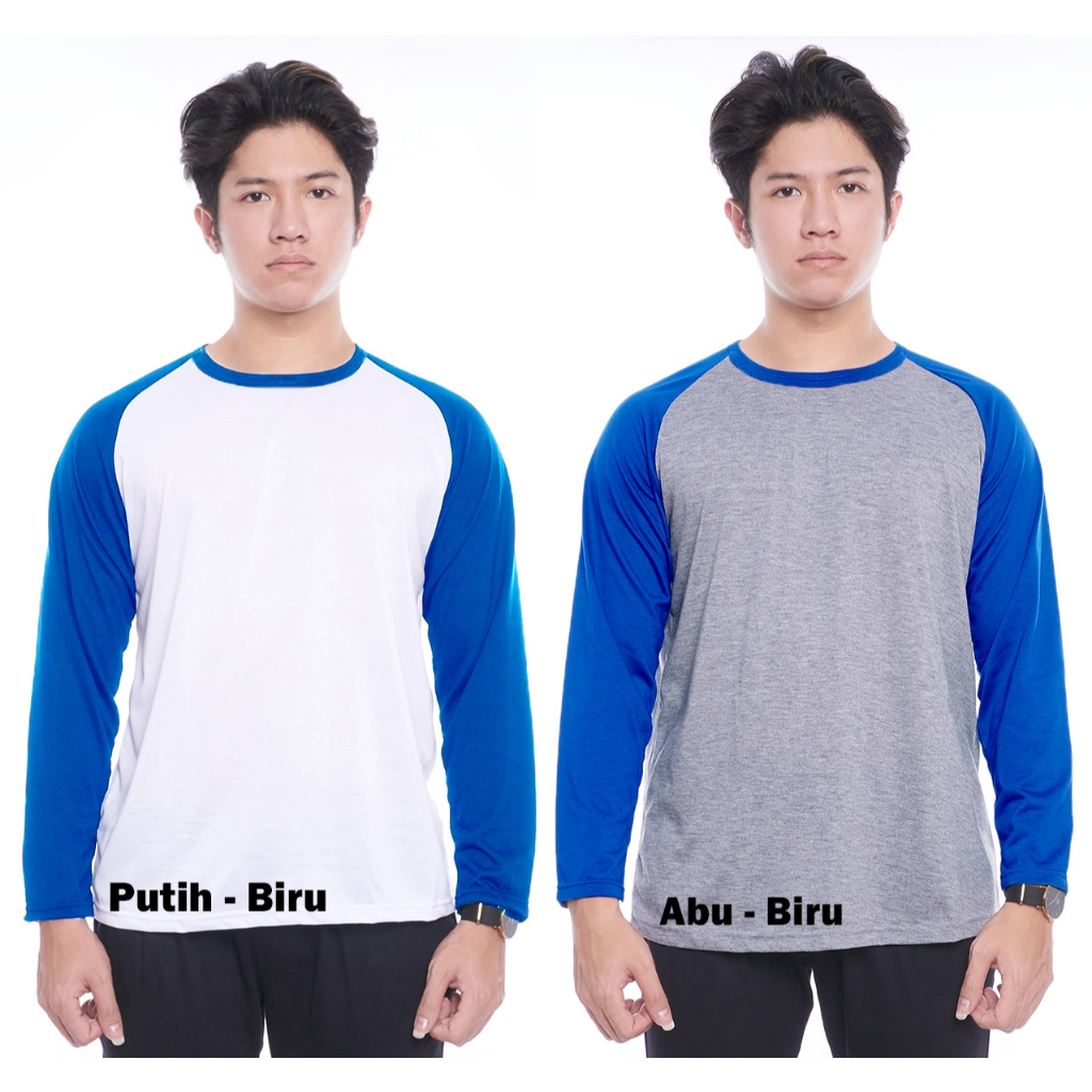 Kaos Raglan Panjang Pria Lengan Biru Benhur Badan Putih dan Abu