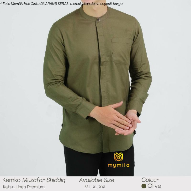 Baju Koko Kurta Pria Lengan Panjang Warna Olive Bahan Katun Linen Premium Size MLXLXXL Kemko Muzafar