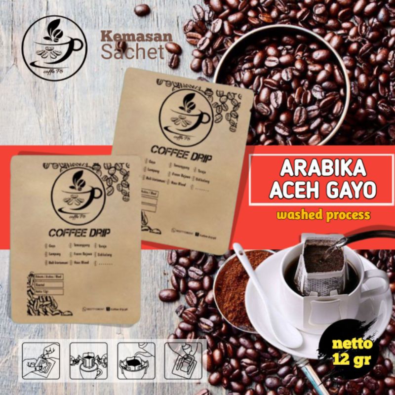 

kopi drip bag Gayo Aceh 12gr kemasan sasetan sudah di lengkapi filter penyaring