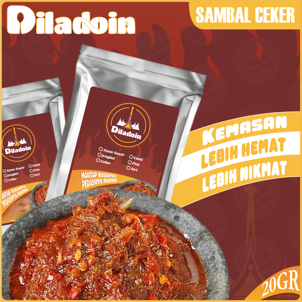 

Sambal Ceker Tanpa Tulang Kemasan Saset Ukuran 20GR / 50GR / 150GR Sambal Saset DILADOIN