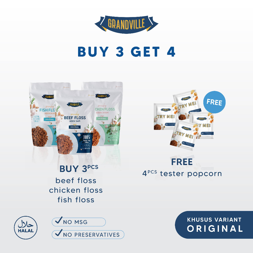 

[LIVE] BUY 3 GET 4 Grandville Abon Sapi, Ayam & Ikan Crunchy Trio Mix Pack Free 4pc Tester