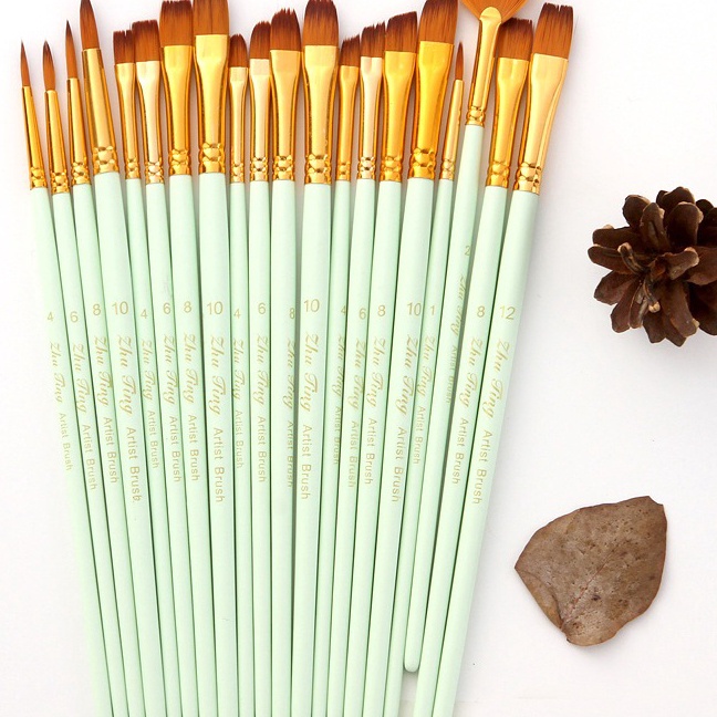 

FG2 Wooden Blue 4 pcs Nylon Berus Short Handle Brush Round Filbert Angle Flat Halal Art Painting Stationery alat lukis alat melukis kuas cat akrilik