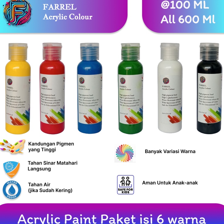 

Hemat Cat Akrilik Lukis Kanvas Mural 6 warna isi 1 ML per botol Farrel Acrylic Colour