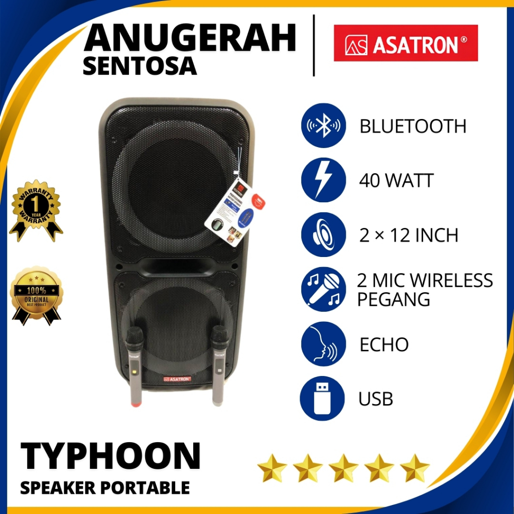 Speaker Aktif Portable Wireless Bluetooth Asatron Typhoon 2×12 Inch Original