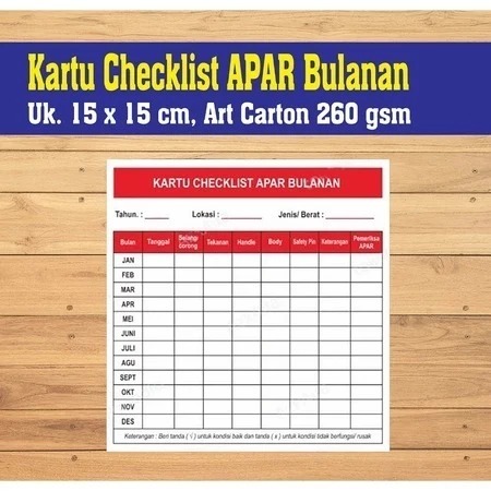 

Kartu Checklist l Ceklis APAR Bulanan Uk. 15 x 15 CM