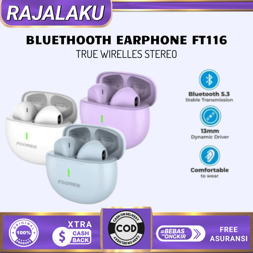 FOOMEE TRUE WIRELLES FT-116 | HEADSET BLUETOOTH FOOMEE | TWS V-FANS WIRELESS STEREO EARPHONE