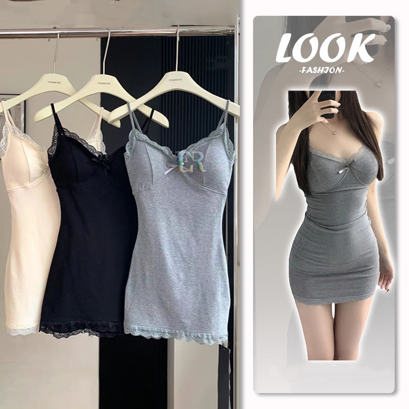 LNR Shop Midi Dress Dewasa dengan Pad Bra Cup Busa Ditambah Renda dan Pita Import Piyama Daster Baju