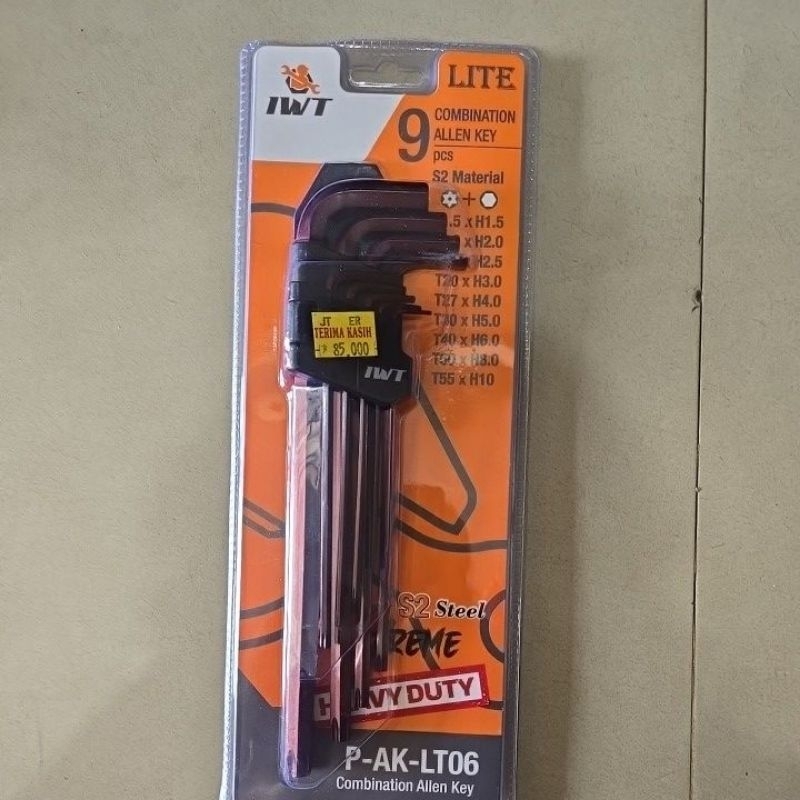 kunci L set + L bintang berlubang isi 9pc ( 1,5mm -10mm) IWT / kunci L set + L bintang berlubang isi