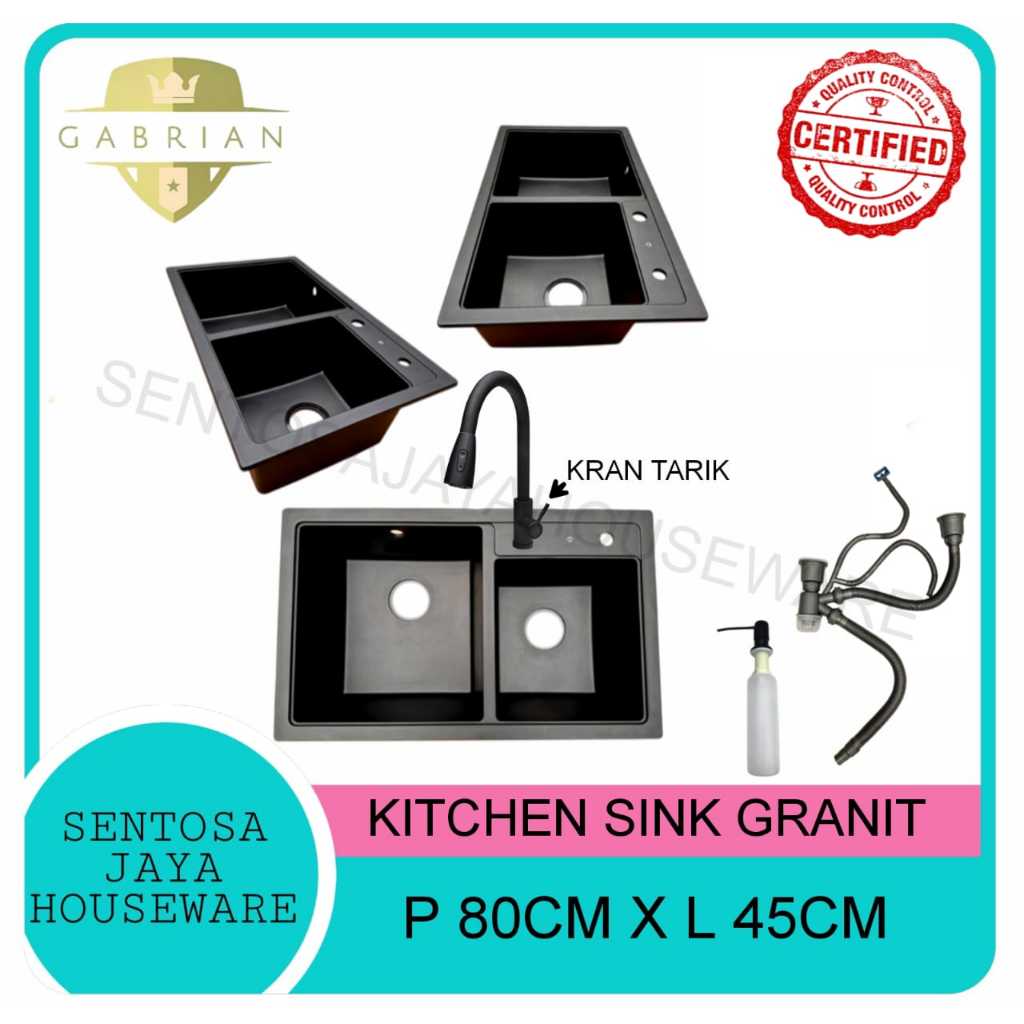 KITCHEN SINK GRANITE 2 LUBANG 80X45CM - BAK CUCI PIRING GRANIT 2 LUBANG HITAM 80X45CM