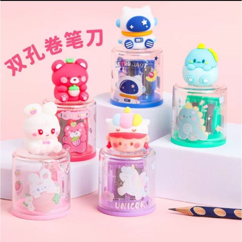 

Rautan Pensil Dobel Double Sharpener Dengan Penutup Model Kartun Lucu