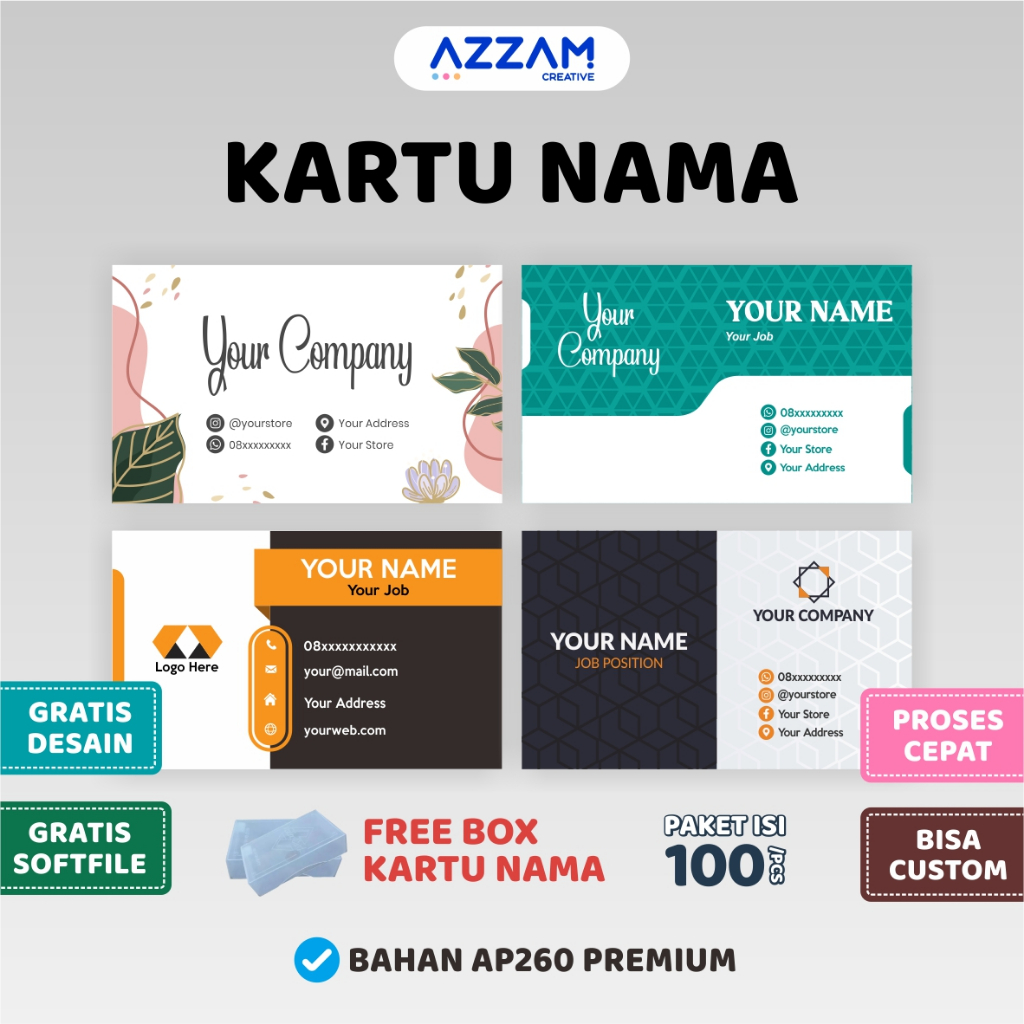 

KARTU NAMA / KARTU NAMA CUSTOM / ID CARD / NAME TAG / FREE BOX KARTU NAMA ( LAMINASI GLOSSY / DOFF )