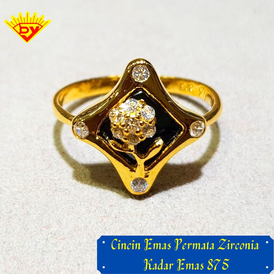 Cincin Emas Kuning Permata Zirconia Kadar Emas 875