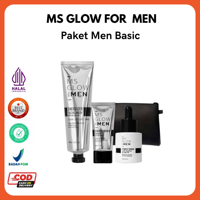 Paket Ms glow For Men Basic ( isi 3 ) Facial Wajah Pria Mencerahkan Membersihkan Kotoran