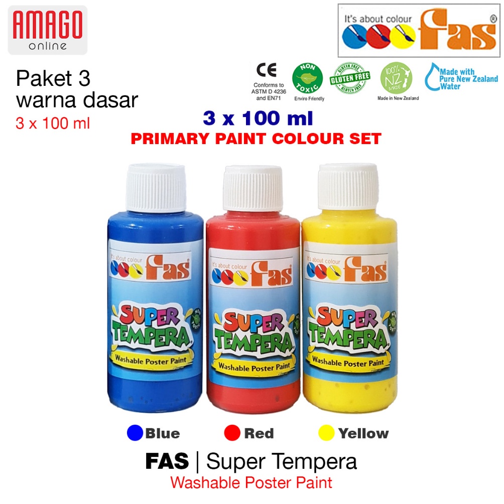 

KODE M74B FAS Super Tempera Primary Colour Set Cat Lukis Sekolah Paket 3 Warna dasar Yellow Blue Red 3x1 ml