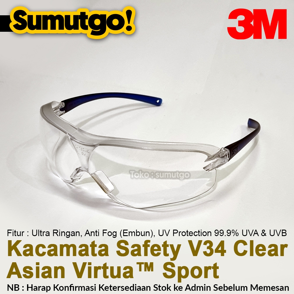 Kacamata Safety 3M Asian Virtua Sport V34 Clear Putih / Kaca Mata APD Proyek Anti Fog Bening Keren V