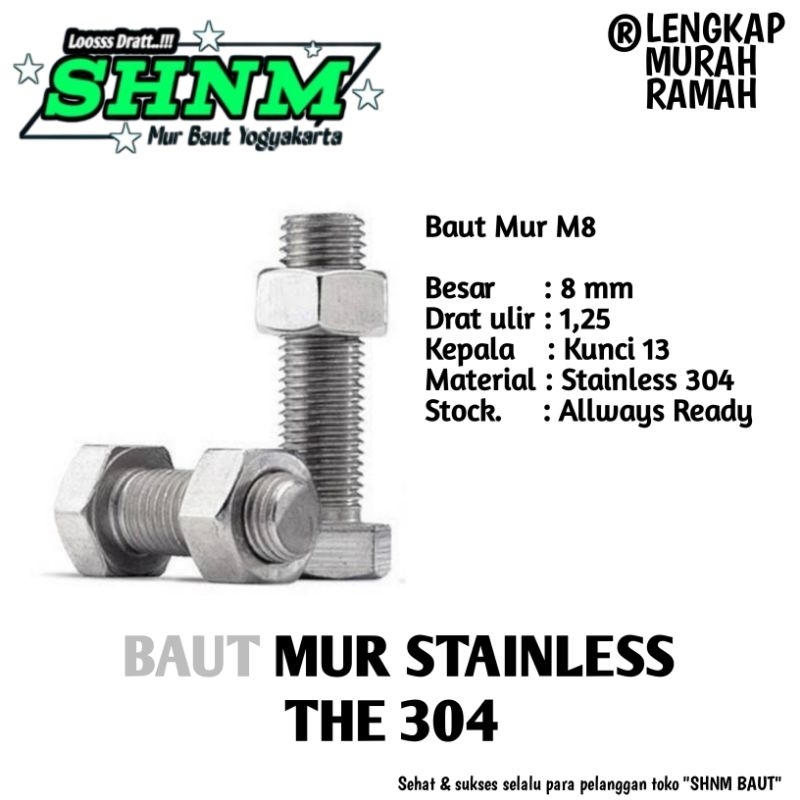 BAUT MUR M8X35mm Kunci 13 Hexagon STAINLESS THE 304