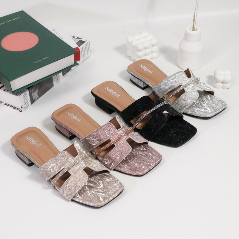 Niigel - Anggun Sandal Wanita Hak Tahu Tumit 3cm Bahan Gliiter sendal Nikah sol karet