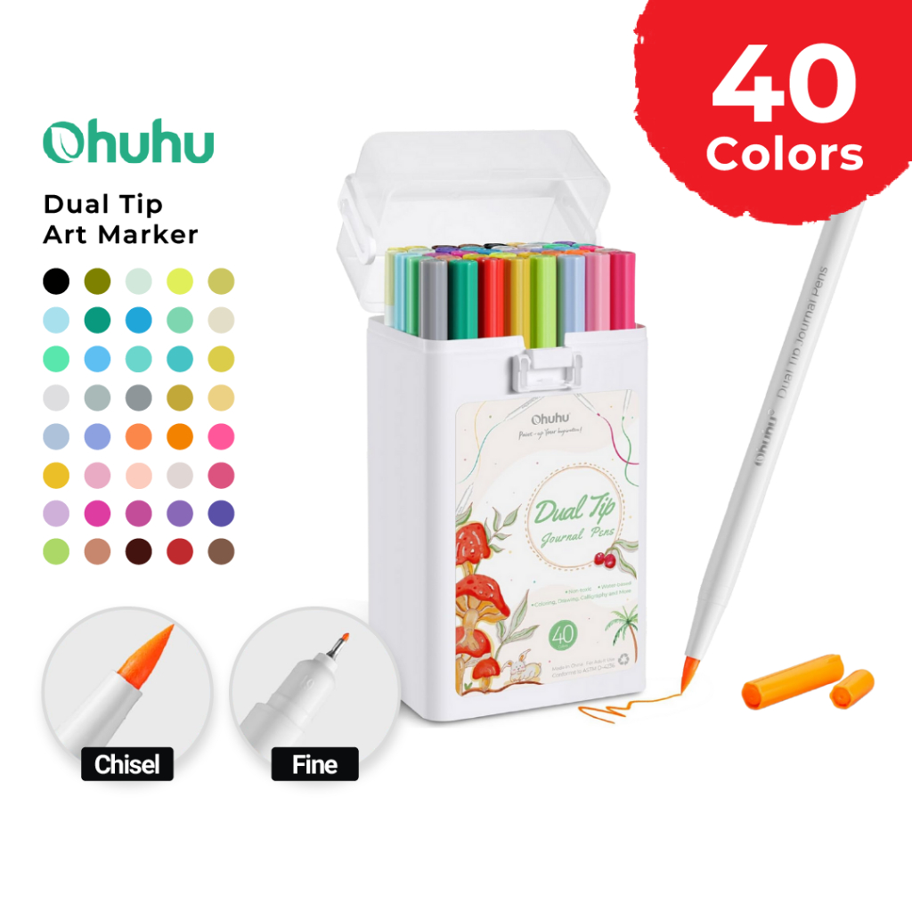 

OHUHU Dual Tip Water-Based Art Marker Set 40 Colors Extra Fine & Brush Pens