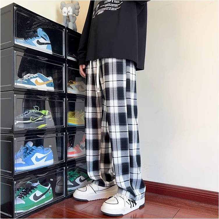 Celana Kotak-Kotak Pria Wide Leg - Tartan Hitam Putih - Pinggang Elastis - Fashion Pria Terbaru 2026