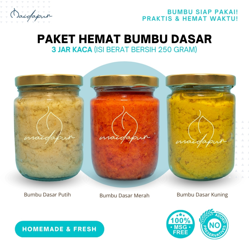 

Paket Hemat 3 Jar Bumbu Dasar Merah / Putih / Kuning dalam Jar Kaca 250 Gram – Bumbu Instan Siap Pakai