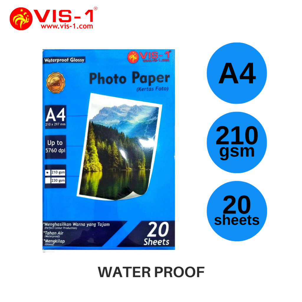 

KERTAS FOTO A4 210 GSM VIS-1 / 20 LEMBAR GLOSSY PHOTO PAPER TEBAL 1 SISI SINGLE SIDE TAHAN AIR WATERPROOF MENGKILAP MURAH UNTUK PRINTER CETAK EPSON CANON HP BROTHER ALAT TULIS ATK KANTOR STATIONERY / M21 STATIONERY JOGJA