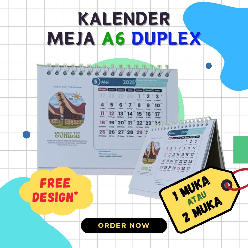 

Cetak Kalender Meja Mini A6 Duplex Tahun 2025 Custom 3 6 7 12 Lembar 1 atau 2 sisi Bolak Balik Free Design