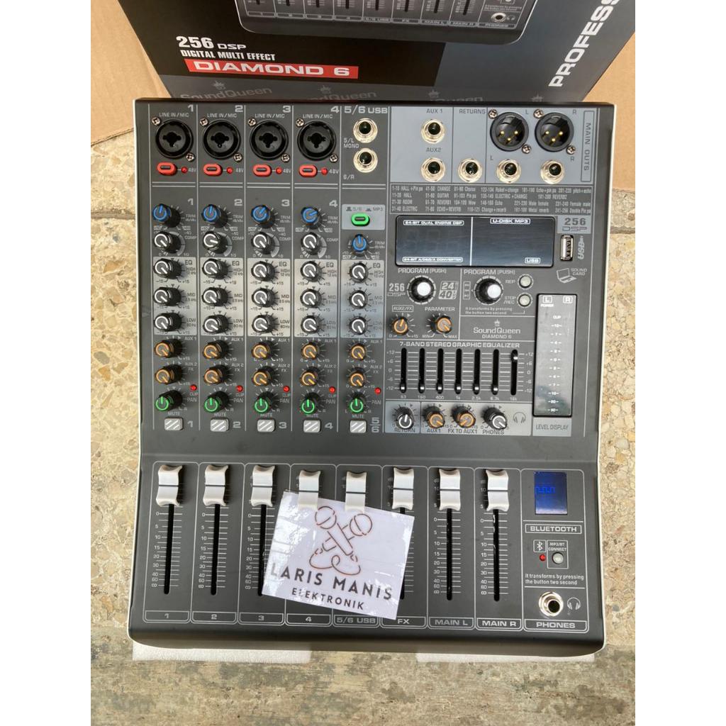 Mixer Soundqueen Diamond 6 Chanel Efek Digital Reverb 256dsp Compress USB Bluetooth mixer 6 channel