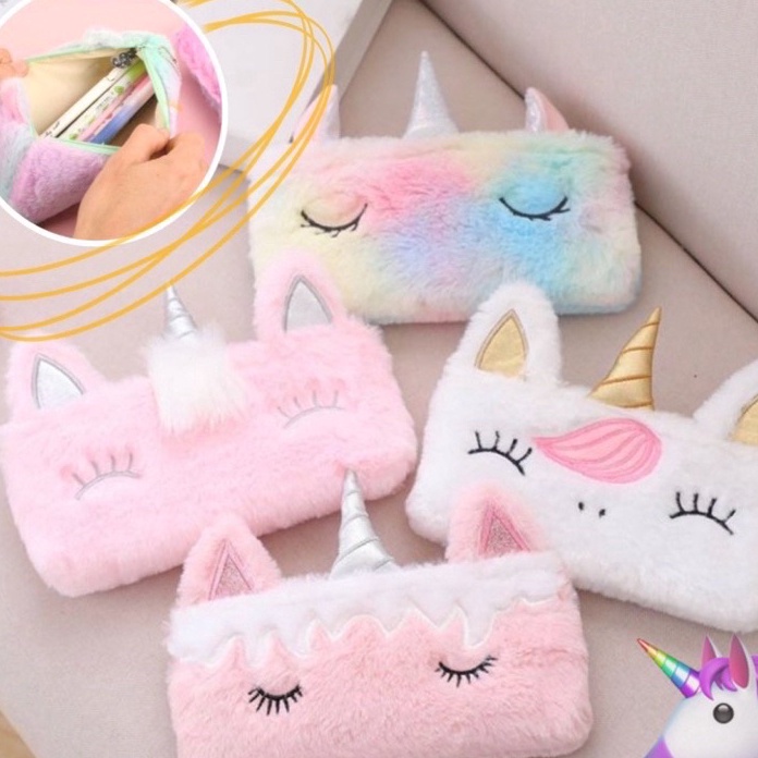 

DIJAMIN BARU Kotak Tempat Pensil Kain Bulu Beludru Halus Soft Plush Plushie Pencil Case Unicorn Raiow Tie Dye Kuda Tanduk Poni Alat Tulis Sekolah Anak Lucu Pastel Color