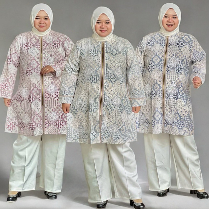 TUNIK BATIK JUMBO RESLETING DEPAN ZIPPER JAKET UKURAN M L XL XXL 3L 4L 5L 6L Katun Muslim Atasan Wan