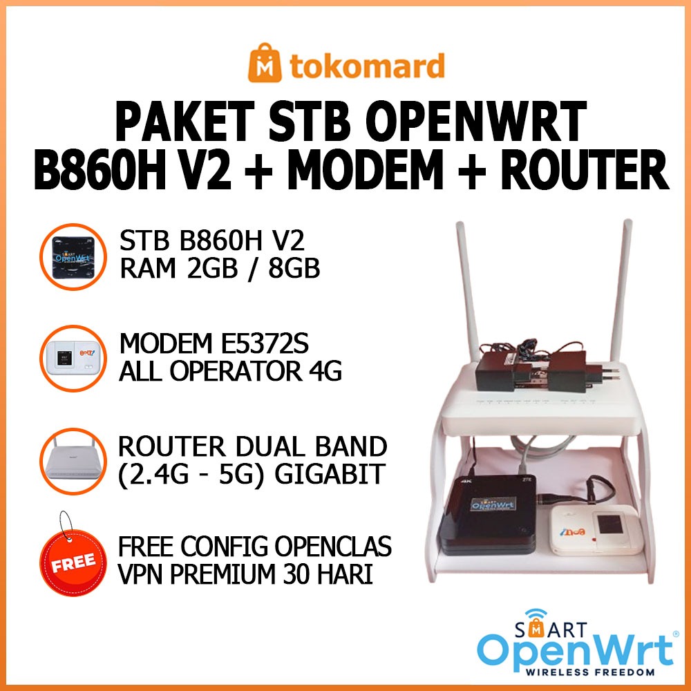 Paket STB OpenWrt Siap Pakai STB B860H V2 Modem E5372s Unlock All Operator 4G Free VPN Premium