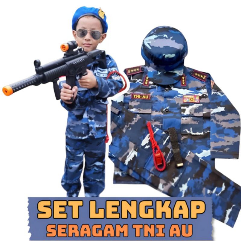 Seragam TNI AU anak - baju profesi tentara AU loreng biru lengan panjang satu set lengkap termurah