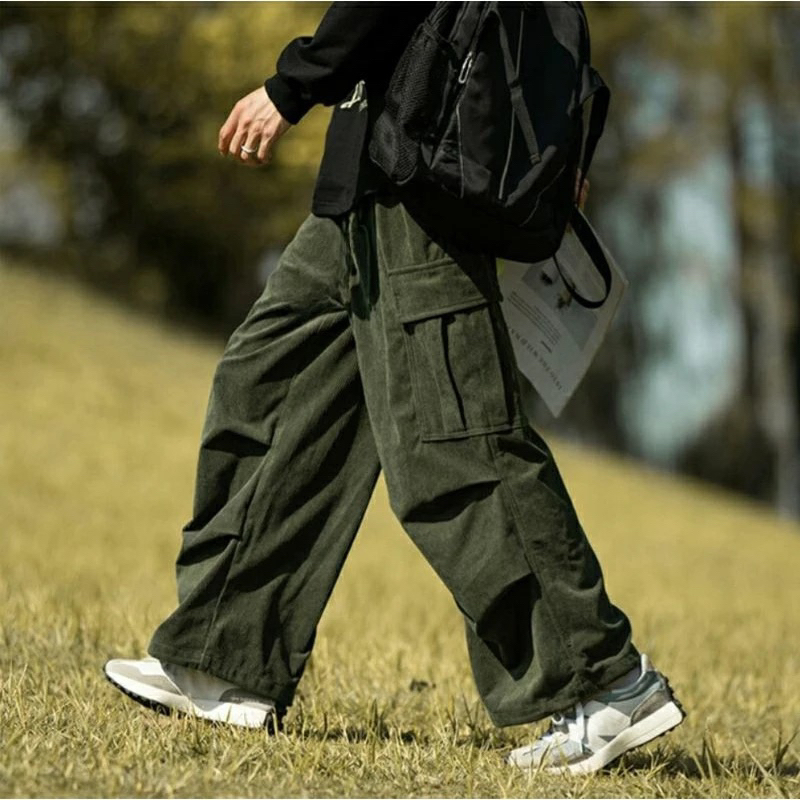 Celana Cargo Corduroy Hijau Pria Tebal Kargo Korduroi Panjang Baggy Loose Pants Gombrang Premium