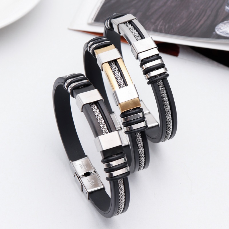 Gelang Stainless Variasi Silikon Garis Silver Warna Hitam Gold / Gelang Tangan Pria List Kawat Vinta