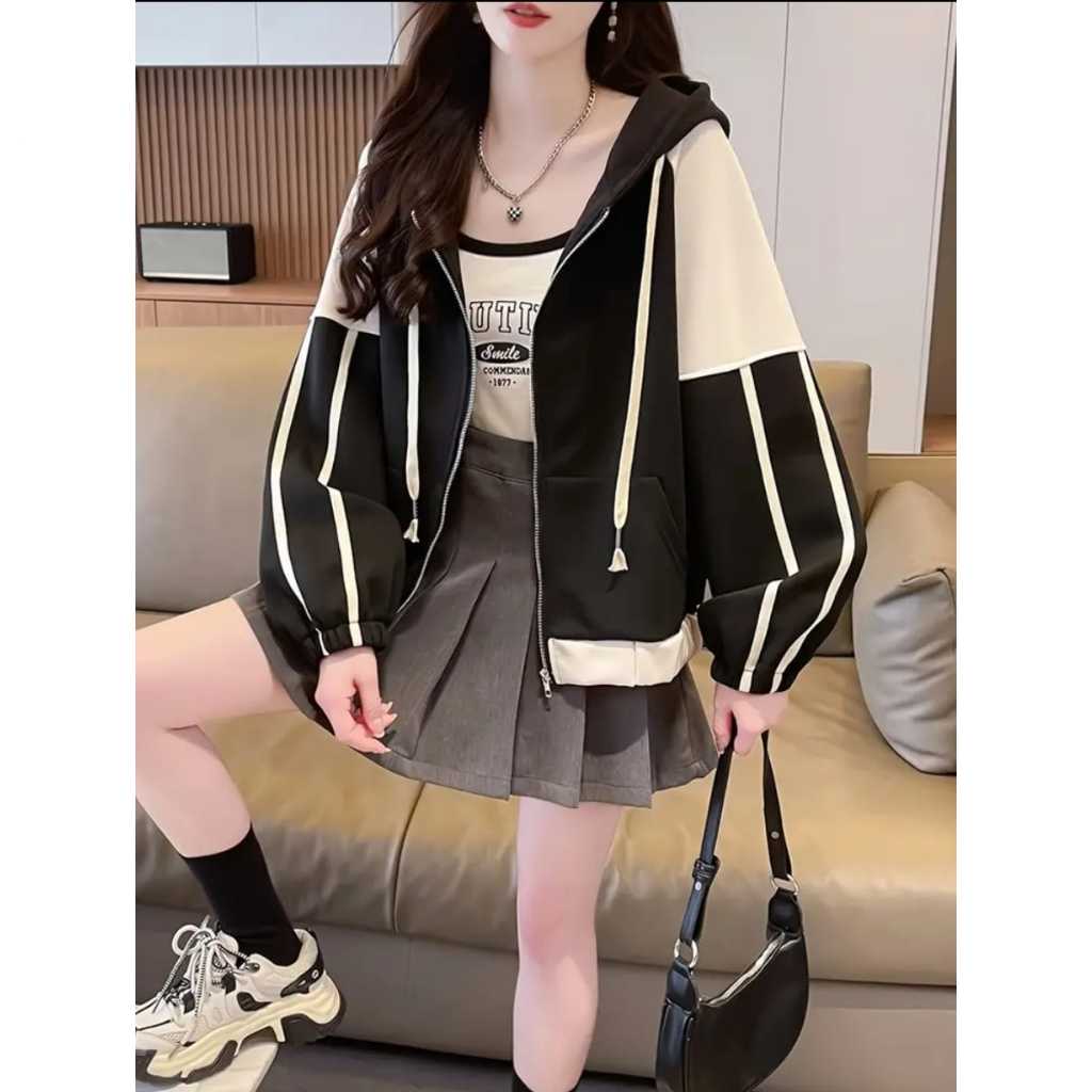 Valina Jacket Crop Wanita Oversize - Jacket Zipper Hoodie Wanita Korean Style Kekinian