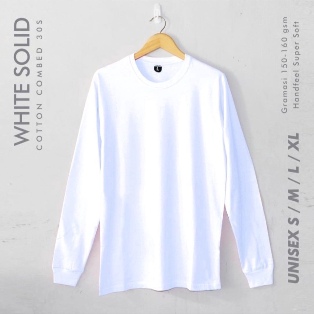Kaos Polos Lengan Panjang Rib Karet Warna Putih Pria Wanita Cotton Combed 3s S M L XL