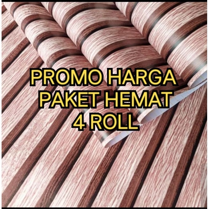 PROMO PAKET HEMAT 4 ROLL WALLPAPER DINDING STIKER DINDING MOTIF KAYU KEMERAHAN GARIS HITAM COCOK UNT