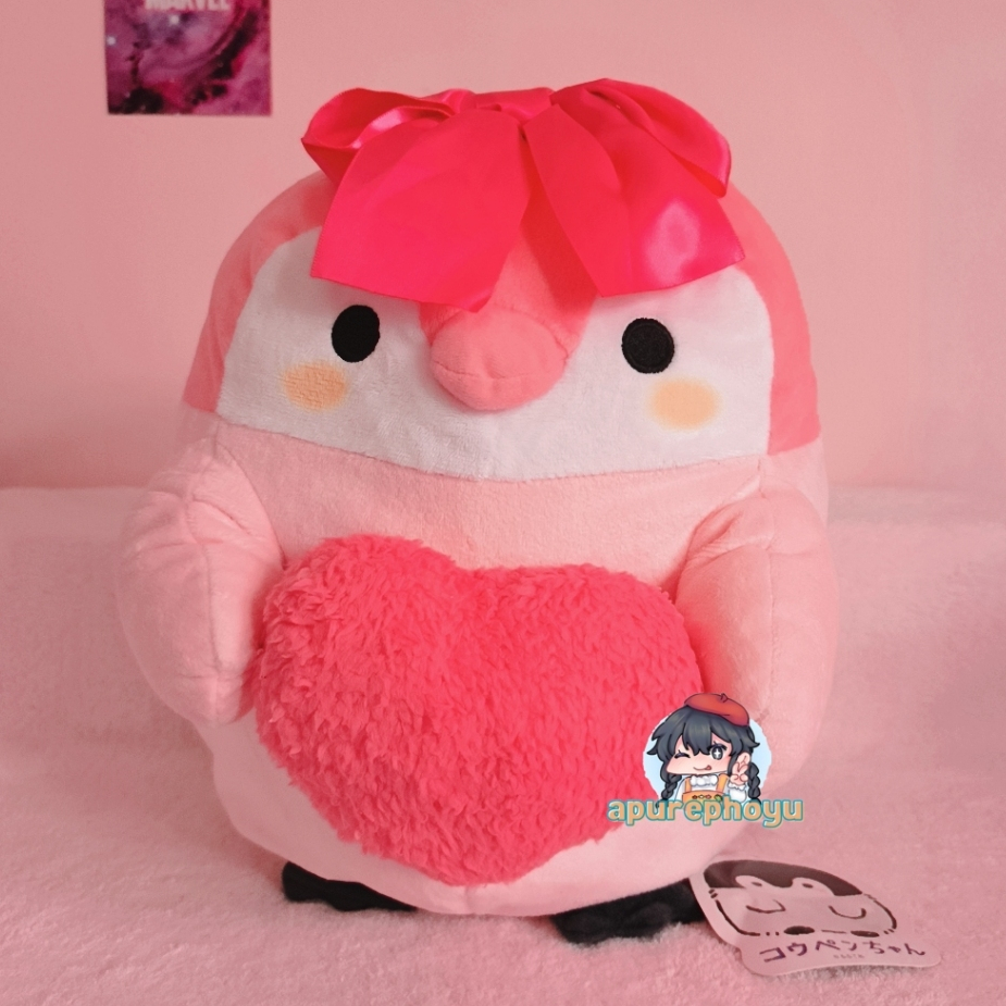 Boneka Koupenchan Pink Penguin Hugging Heart Big Plush