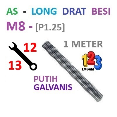 As Drat M8 x P1.25 Long Drat, Stud Bolt Warna Putih Galvanis 1 Meter