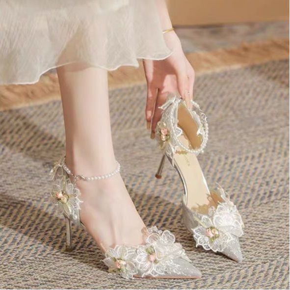 French Wedding Shoes Women's Bridal Shoes Silver High Heels Bridesmaid Crystal Shoes